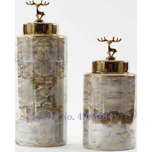 Creative Ceramics Geometric Marble Storage Jar Vase Crafts Decoration Flower Arrangement Golden Deer Modern Home Decorations