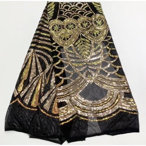 2020 Classical Design Gold Sequined Black Mesh Stretch Fabric Guinea Senegal Women Prom Evening Dresses Sequins Tulle Net Sewing