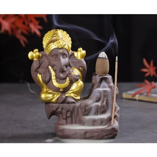 Ganesha Backflow Incense Burner Elephant God Buddha Statue ornament Ceramic Cone Censer Incense Stick Holder home decoration p52