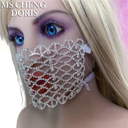 MSCHENGDORIS Rhinestone Fashion Party Mouth Mask Luxury Bling Facemask Masks Face Crystal Halloween Women Jewellery Hyperbole