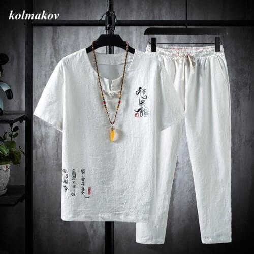 2021 New Arrival Summer Style Men Cotton and Linen Shirts High Quality Fashion Casual Solid Mens Shirts (Shirt + trousers)