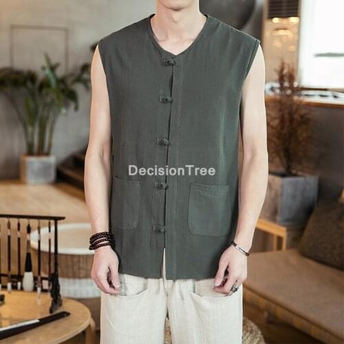 2021 mens kung fu loose vest traditional chinese tang suit cheongsam vintage wushu oriental linen vest casual tank streetwear