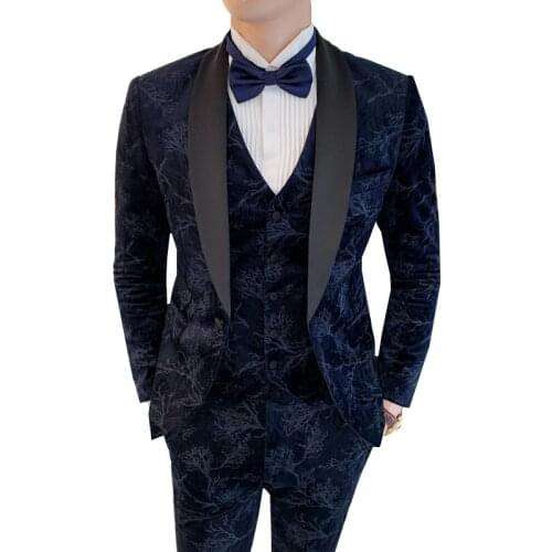 Velvet full dress mens Suits 2020 Navy Blue black shawl collar slim fit print wedding party man Suit 3 piece blazers pants