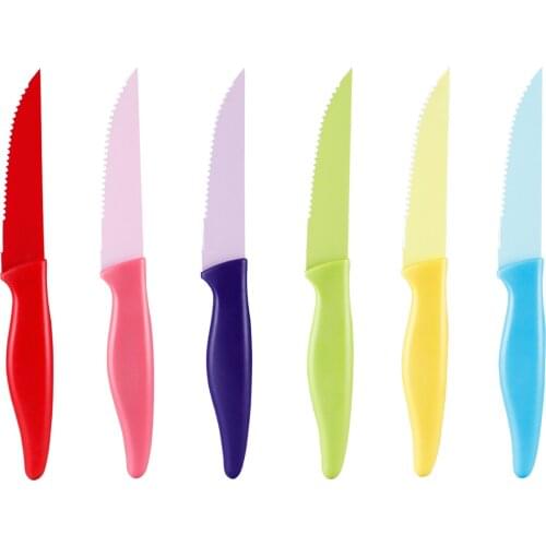 Hecef Colorful Steak Knife Set of 6, Non-stick Coated Blade with Comfortable Plastic Handle, 5 Inch