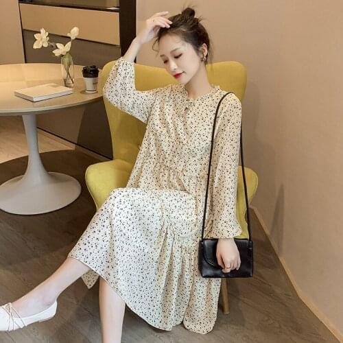 New Maternity Long Sleeve Chiffon Floral Lactation Dress Pleated Ruffle Patchwork Pregnancy Nursing Dress Breastfeeding Dress