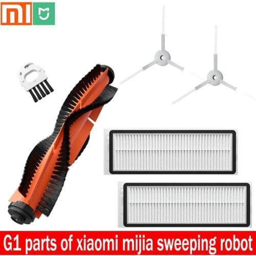 Original MIllet mi robot G1 vacuum cleaner accessories include 2 side brushes, 2 HEPA filters, 1 main brush and 1 cleaning tool