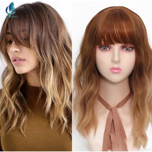 Brown Wig Synthetic Wigs with Bangs for Women Purple Water Wave Natural Bob Wigs Heat Resistant False Hair