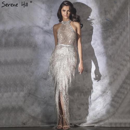 Mermaid Tassel Luxury Halter Rhinestones Evening Dress Pageant Gown Sleeveless Mermaid Slit Robe de Soiree Serene Hill LA60776