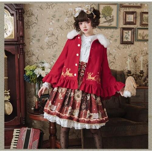 Lolita Girl Warm Winter Women Coat Loose Christmas Elk Deer Embroidered Coat with Detachable Collar D530