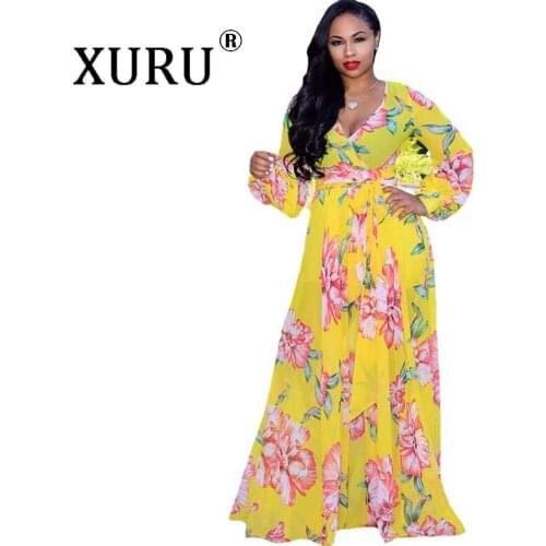 XURU Autumn Beach Chiffon Long Dress Bohemian Womens Print Dress V-neck Belt Casual Loose Large Size Dress S-5XL