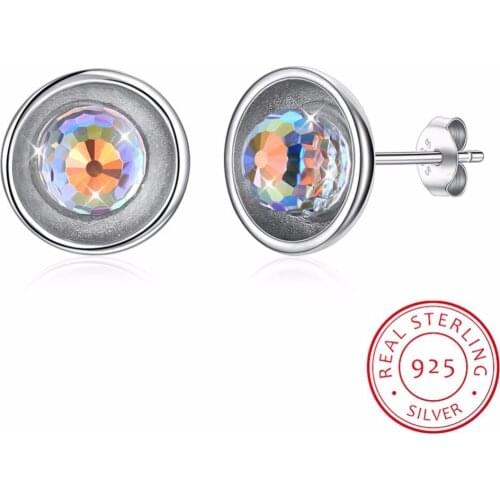 LEKANI European 925 Sterling silver Needle round Earrings Crystal From Swarovski Simple Temperament Fine Jewelry