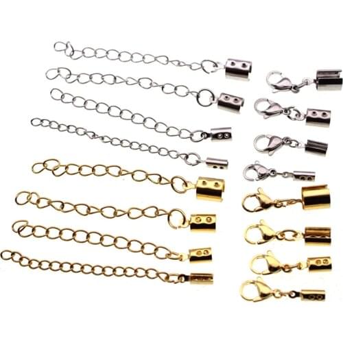 10pcs Gold Silver Stainless Steel Cord Fastener for Jewelry Making Rope End Cap with Lobster Clasp Bracelet Necklace Connector