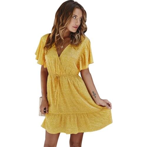 Womens Floral Print Mini Dress V-Neck Short Sleeve Swing Party Dress for Summer A66