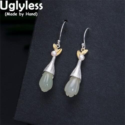 Uglyless Natural Jade Magnolia Earrings for Women Elegant Gemstones Brincos Real 925 Sterling Silver Floral Earrings Pearls