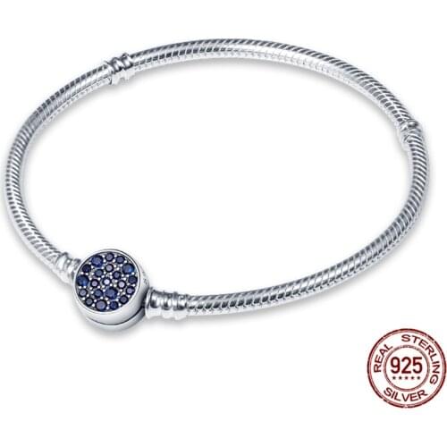 100% 925Sterling Silver Blue Round Zircon Bracelet For Suitable For Ladies' Original Beads&Charms Women Fashion Jewelry Gift