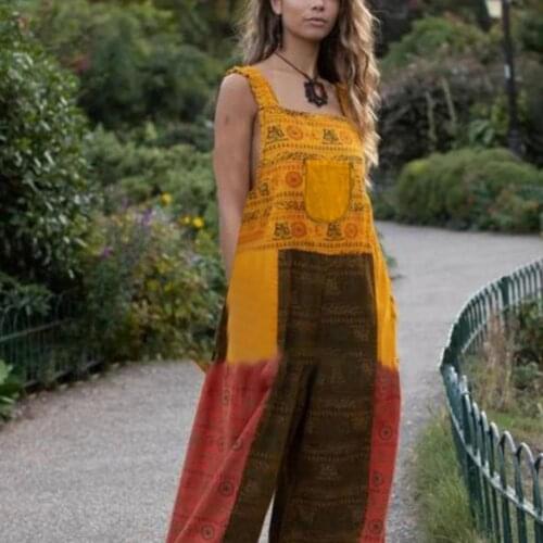 Jumpsuit Sleeveless Color Block Women Backless Wide Leg Retro Print Dungarees Overalls for Summer