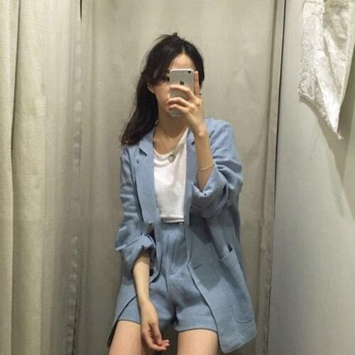 2 piece outfits for women New style spring and summer sky blue cotton linen loose casual business OL jacket + shorts suit