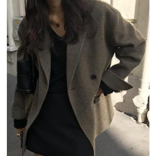 Women Elegant Casual Double Breasted Winter Solid Overcoat Wool Short Cashmere Coat Loose Long Sleeve Parka Fashion Chic Cloak