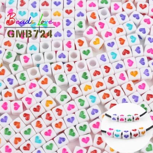 100Pcs/lot White Love Heart Acrylic Beads For Jewelry Making Cube Loose Spacer Beads DIY Craft Bracelet Necklace 6*6m Random Mix