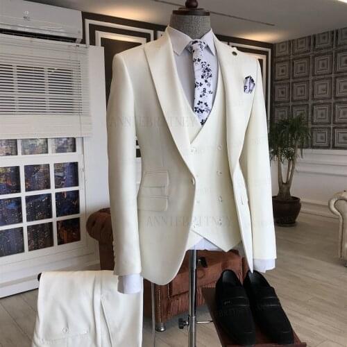 2021 Formal Classic Ivory White Men Suit 3 Pieces Slim Fit Custom Casual Groom Wedding Prom Suit Jacket Vest Pants Dress Tuxedo