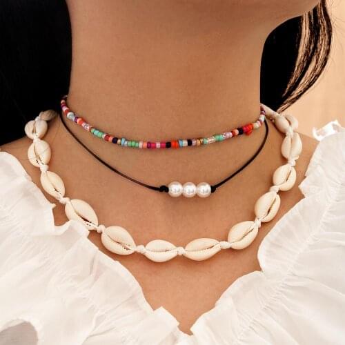 3PCS/Set Charm Colorful Seed Beads Cowrie Choker Necklace For Women Beach BohoNatural Shell Conch Pearl Necklace Jewelry Gifts