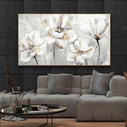 Abstract White and Golden Flower Canvas Painting Modern Prints and Posters Wall Art Pictures for Living Room Home Decor Unframed
