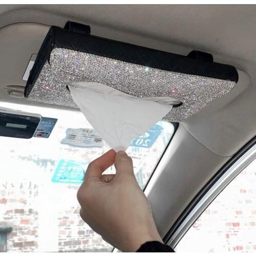 Car Car Sun Visor Tissue Box Multifunctional Luxury Crystal PU Leather Paper Holder Hanging 1 Piece