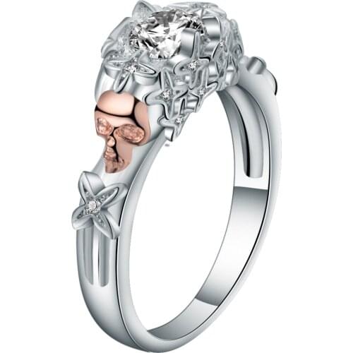 Hainon Design Punk Rose Gold Color Skeleton Ring For Women&men White Crystal Skull Rings Silver Color Fashion Crystal Jewelry