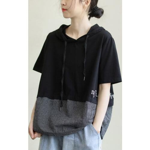 Cotton Loose Literary Short-sleeved T-shirt Summer New Splicing Lattice Letter Printing All-match Casual Plus Size Top