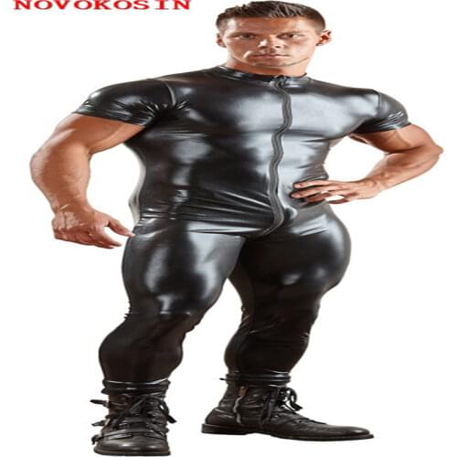 KH45 S-3XL Sexy Men Short Sleeve Catsuit Faux Leather Two Zipper Open Crotch 2018 Bodysuit Fetish Costume Night Club DS Lingerie