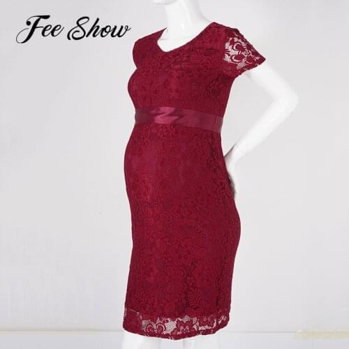 Pregnant Womens Lace Dress Gorgeous Evening Party Short Sleeve V Neck Maternity Dress with Back Zipper for Wedding Holiday