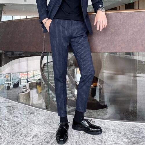 2021 summer mens trousers business slim feet casual formal wear striped pants mens trendy casual pants mens thin