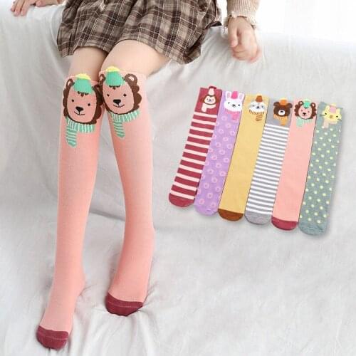 Cute Cartoon Girls Knee High Socks Candy Color Cotton Animal Stripe Polka Dots Stockings for Girls Baby Girl Socks Knee High
