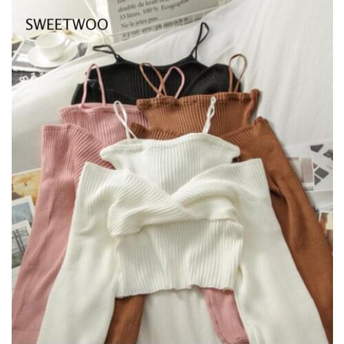 2021 spring and autumn new fake two-piece womens sweater full v-neck sexy knitted sweater Korean version of the short fashion w