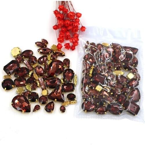 NEW 50pcs/bag mixed shape gold base glass rhinestones Wine red flatback sew on rhinestones diy clothing accessories