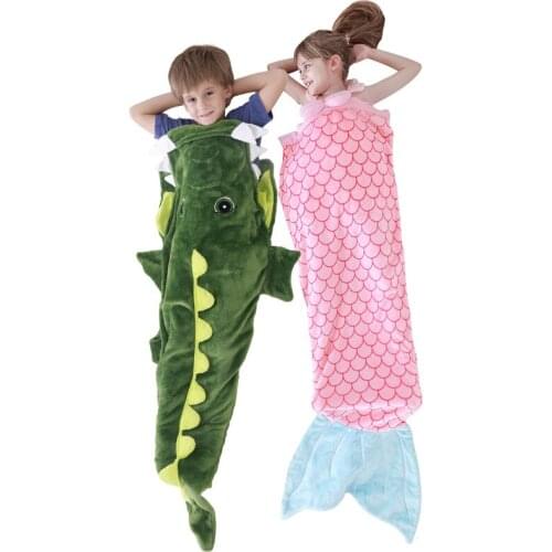 New Flannel Cartoon Childrens Sleeping Bag Shark Wrap Blanket Casual Air Conditioning Blanket Baby Anti-kick Mermaid Sleepsack