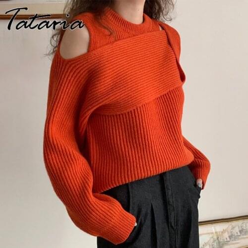 Orange Knited Criss Cross Women Sweaters Autumn Winter Chic Hollow Out Spliced Pullover Sweater Fall 2021 Womens Fashion Top