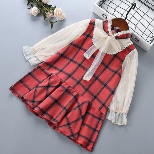3-7 years High quality girl dress 2020 autumn new fashion casual plaid bow full sleeve kid children girl clothing princess dress