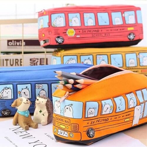 Novelty Animals School Bus Shape Canvas Pencil Case Stationery Storage Organizer Bag School Office Supply Escolar Papelaria