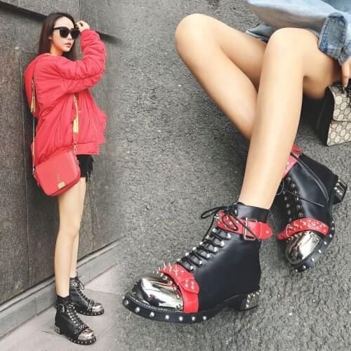 Sexy Rivets Buckles Ankle Boots Women Round Toe Mixed Colors Metal Decoration Booties Fashion Lace-Up Motorcycle Women Boots