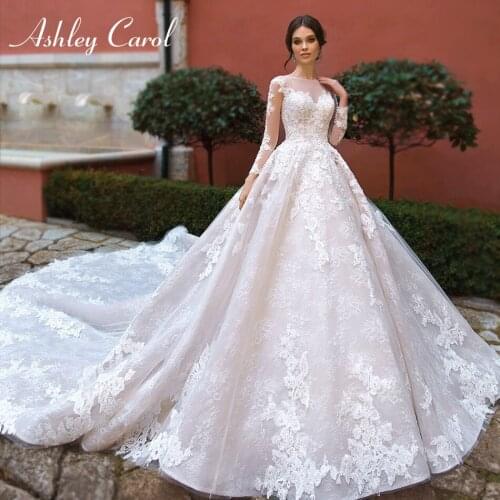 Ashley Carol Long Sleeve Lace Wedding Dress 2020 Cathedral Bride A-Line Scoop Appliques Lace Up Wedding Gowns Vestido De Noiva