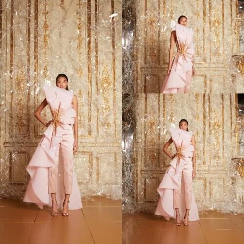 Light Pink Prom Pantsuit With Long Train Strapless Beaded Fashion Women Jumpsuit Party Gowns Custom Made Cheap Evening Dresses