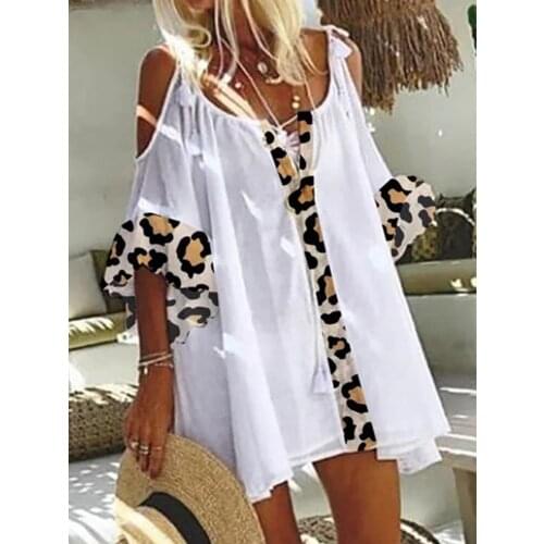 Solid Color Hollow Out Half Sleeve Top Summer New Fashion Casual Sleeve Leopard Print Stitching Pullover Tie Tops Women Clothing