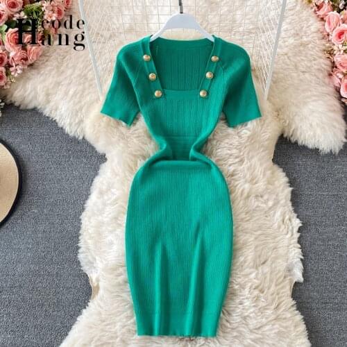 HangCode 2021 New Buttons Square Collar Knit Bodycon Dress Elegant Office Lady Work Dress Green Summer Vestidos