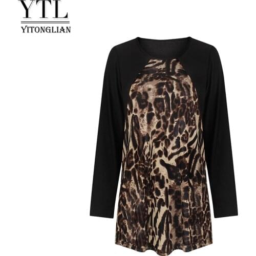 Yitonglian Long Sleeve Round Collar Leopard Printed Patchwork One-piece Tunic Top Female Casual Fancy Blouse Shirt W020