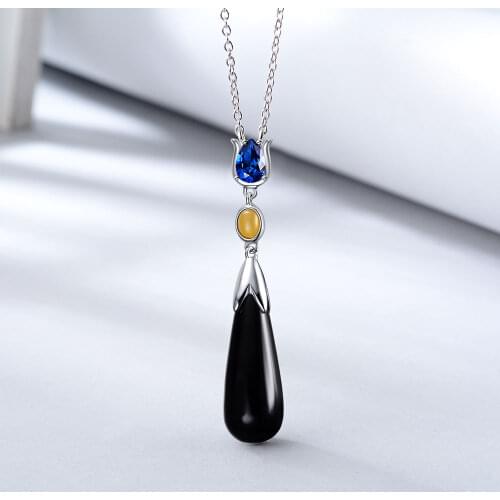 E Jewelry 925 Sterling Silver Water Drops Pendant Black Agate Necklaces for Women Long Chain Gemstone Necklace Jewelry Gift