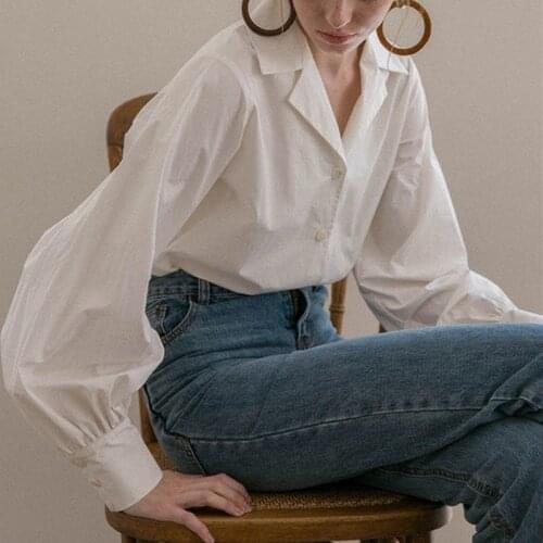 QWEEK White Blouse Women Lantern Sleeves Vintage Shirts Cotton Button Up Long Sleeve Top Spring 2021 Fashion Office Ladies Chic