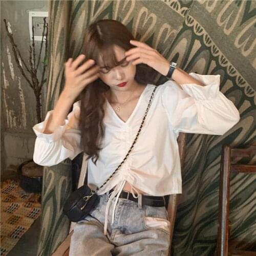 Women Blouse Spring 2021V Collar Top Drawstring White Female Blusas Mujer De Moda