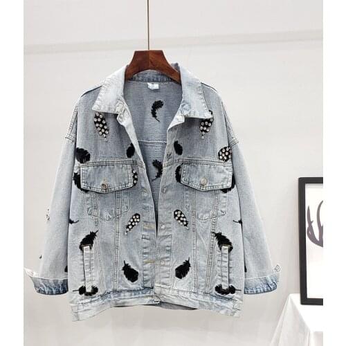 2021 Autumn Embroidered Feathers Denim Jacket Women Spring bomber Jacket Diamond Coat Female Chic Women Outwear veste femme