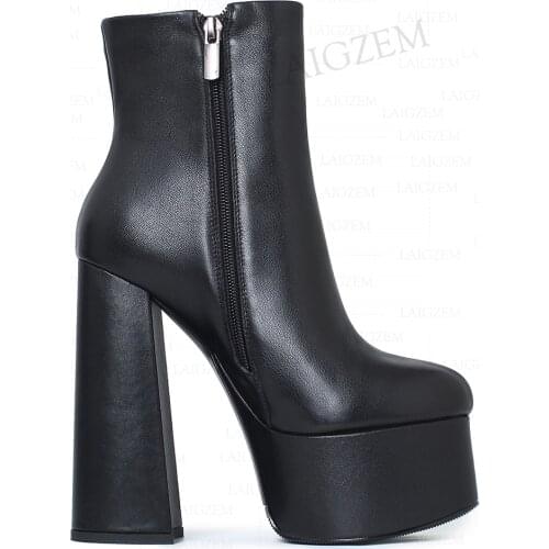LAIGZEM Top Quality Women Ankle Boots REAL LEATHER Platform Round Toe Zip Up Chunky High Heels Booties Shoes Woman Size 38 40 41